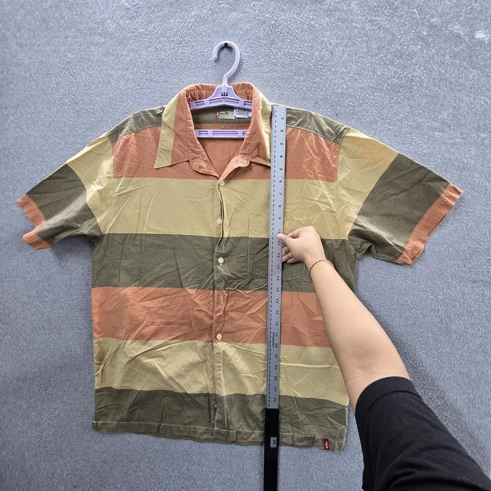 VINTAGE Levi's Men Button Up Shirt L Tan Cotton Striped Rugby Skater Grunge Y2K